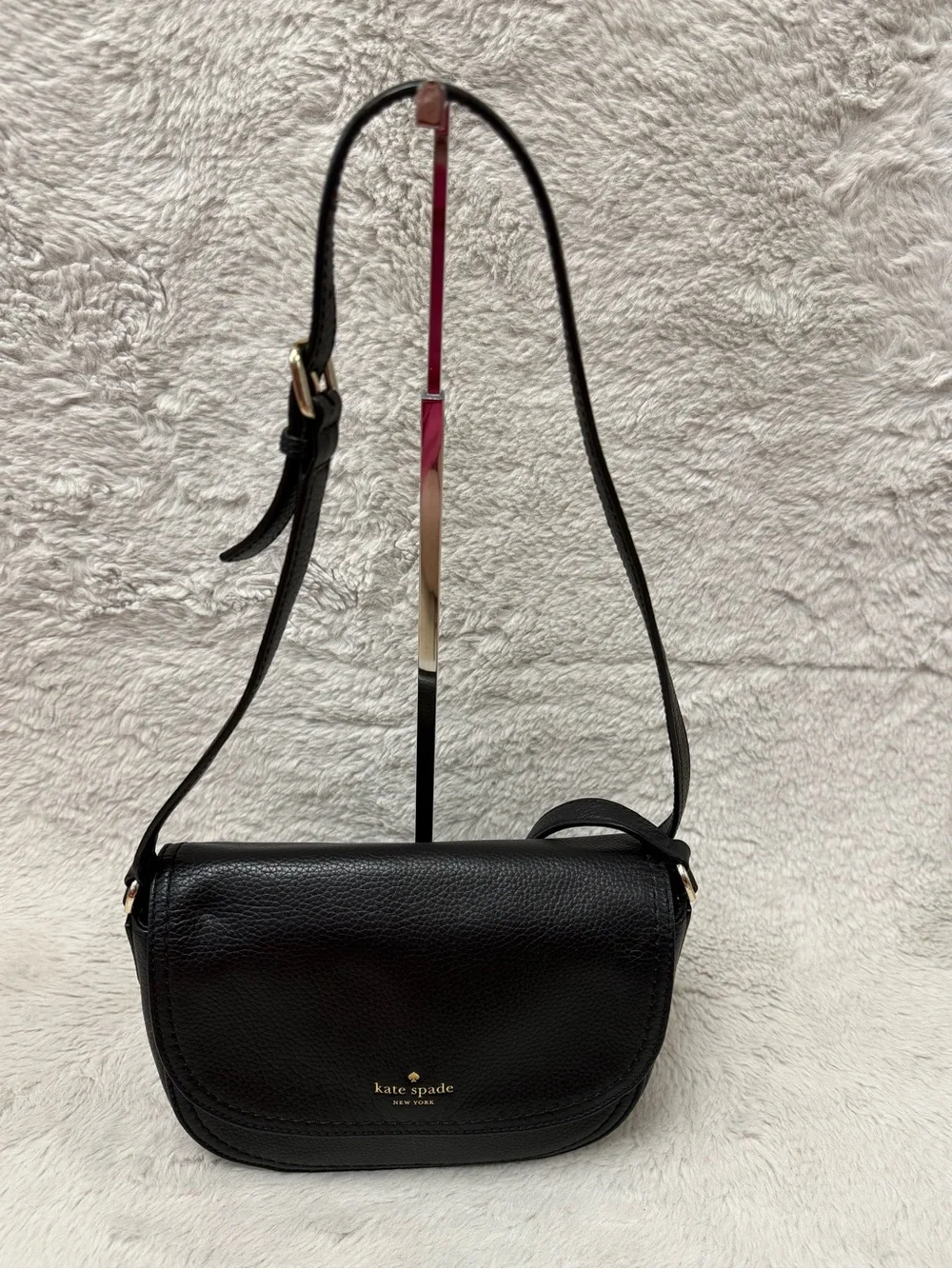 kate spade NY Black Pebbled Leather Flap Shoulder/Crossbody with Gold Logo